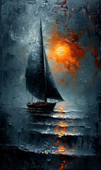 Sailing boat on the background of the night sky and the sun. Oil color painting.