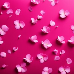 Flying pink rose petals against a pink background