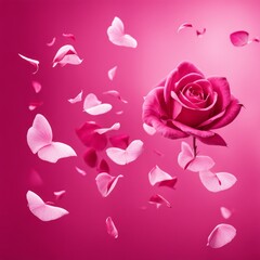 Obraz premium Flying pink rose petals against a pink background