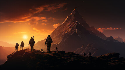 Silhouettes of mountaineers on a sunrise journey against the backdrop of an imposing mountain peak.
