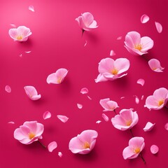 Fototapeta premium Flying pink rose petals against a pink background