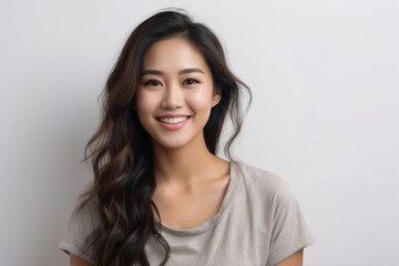 Portrait of young happy asian woman smiling standing in front of blank white wall looks in camera generative ai