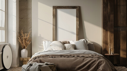 Mockup frame in bedroom interior background, Farmhouse style. Ai Generative