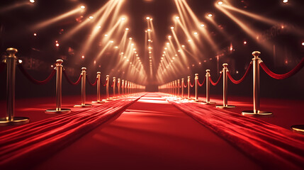 Red carpet on the stairs on dark background, the way to glory, victory and success