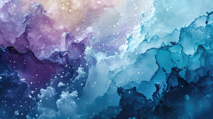 Abstract watercolor background combines cool blue, purple and silver colors