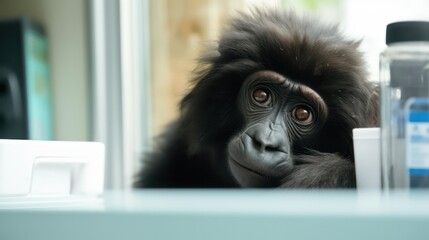 Sad gorilla in a veterinary clinic.