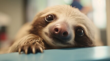 Fototapeta premium Sad sloth in a veterinary clinic.