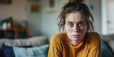 Domestic violence victim, abuse, awareness.  Portrait of bruised woman looking at camera. Female with black eye sitting on couch in living room - obrazy, fototapety, plakaty