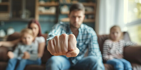 Anger abuse and domestic violence concept. Man threatening wife and kids with his fist. Scared...