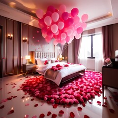 Romantic bedroom adorned with balloons and rose petals. Valentine day bedroom decoration with Roses and Balloons.