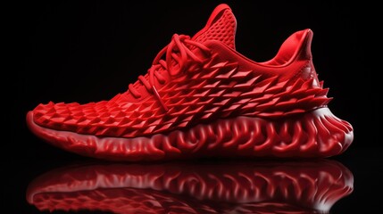 3d printed red lightweight custom sports shoe manufactured with flexible thermoplastics and advanced techniques isolated on black background.