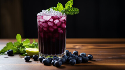 blueberry mint julep muddled blueberries and mint leaves on wooden table - obrazy, fototapety, plakaty