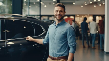 Man happy customer for buyer new car auto, male want buy automobile in showroom vehicle dealership store motor show indoor Sales. - obrazy, fototapety, plakaty