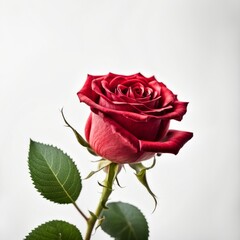 A Red Rose with leaf on a white background