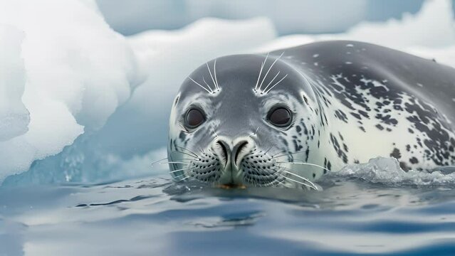 Intense gaze of a leopard seal as it swims close to the camera its spotted fur blending in with the icy surroundings