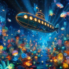 Un submarino mágico explorando las profundidades marinas, donde peces luminosos y criaturas fantásticas danzan en un festín de colores. - obrazy, fototapety, plakaty