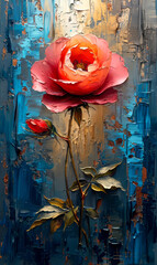Oil painting on canvas. Pink rose on a background of blue paint.