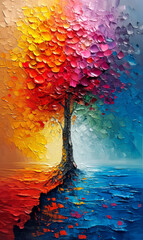 Oil painting of a tree in the middle of the sea. Colorful abstract background