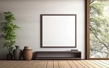 Square frame mockup on the wall in Japanese style interior. Blank canva mockup