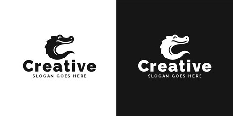 Black and White Logos Featuring Stylized Alligator and Creative Text for Brand Identity - obrazy, fototapety, plakaty