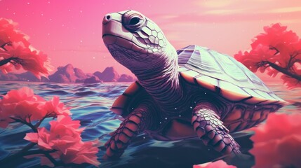Fantasy vaporwave portrait of retrowave turtle. Pink and blue colors.