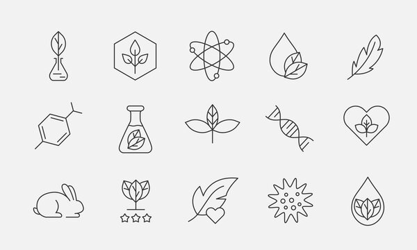 Organic cosmetics line icon set. Hypoallergenic, GMO free, Eco friendly cruelty free, natural, vegan signs. Badges for beauty product. Vector illustration