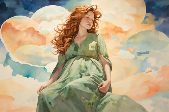 Earth day banner, illustration with abstract woman on cloudy background, pregnant woman, red hair. green dress. Happy earth day