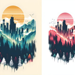 minimalist, t-shirt design with a twist, a sleek and colour City silhouette against a faded, mountain and jungle  is painting about nature, awosome, bright. pure pink White background