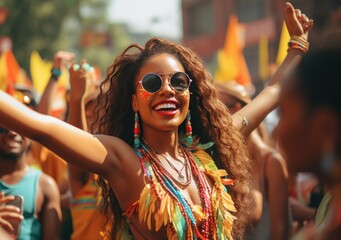 Beautiful Brazilian woman, dressed in carnival clothes, dancing. Brazilian wearing Samba Costume, beautiful samba dancer performing at Carnival. Portrait. Happy smile woman - obrazy, fototapety, plakaty