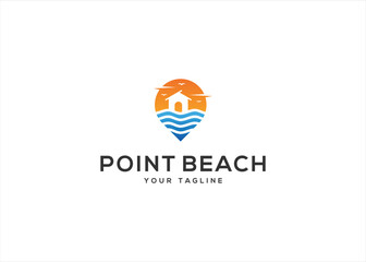 Pin Map and Travel Beach wave with Sunset logo vector design illustration