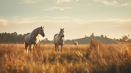 White horses in the meadow at sunset. Beautiful landscape with horses.