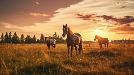 Fototapeta na wymiar Horses in the field at sunset. Beautiful summer landscape with horses.