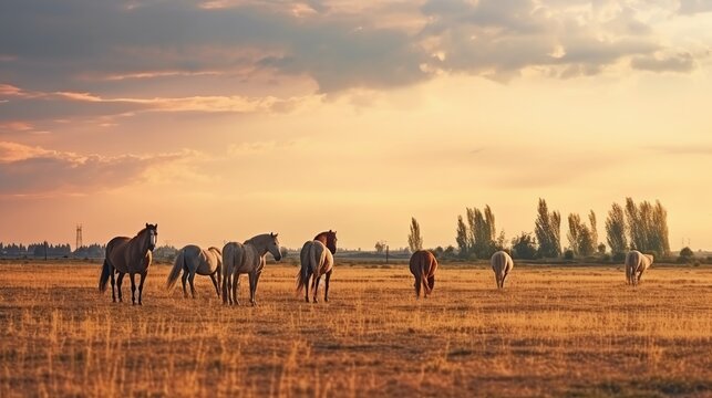 Herd of horses grazing on a meadow at sunset in summer.