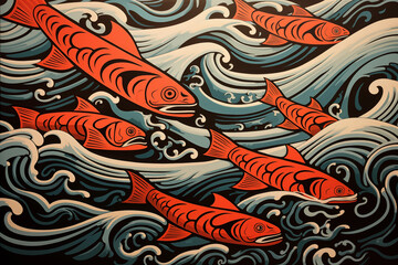 School of salmon in waves in the ocean in Pacific Northwest native style - obrazy, fototapety, plakaty
