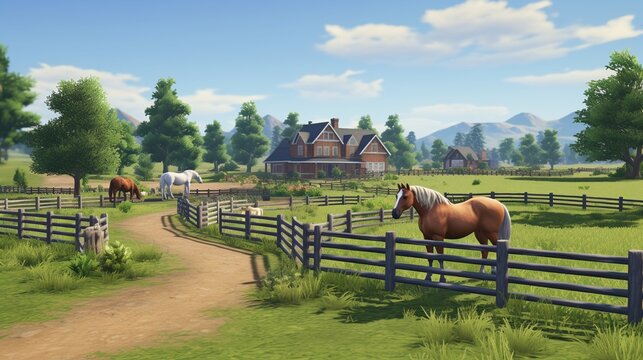 Horses in a rural paddock with a painting style view.