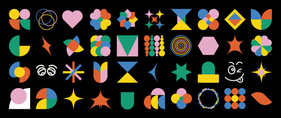 Groovy hippie stickers set. Geometric stickers, characters in trendy retro 60s 70s cartoon style. Vintage vector illustrations.