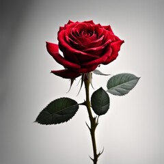A Red Rose with leaf on a white background