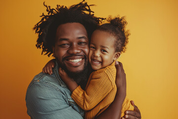 Father's day family holiday unconditional love concept. Adorable child hugging and embracing dad. Portrait of happy African American mommy and child kid bonding together on yellow studio background