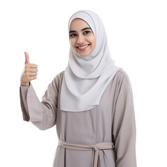 Muslim woman smiling and giving thumbs up happily on transparent background PNG