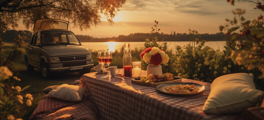 a small picnic on the roadside during the golden hour. Capture the warmth of the sunset - obrazy, fototapety, plakaty