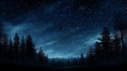Night landscape with starry sky and silhouettes of pine trees. - obrazy, fototapety, plakaty