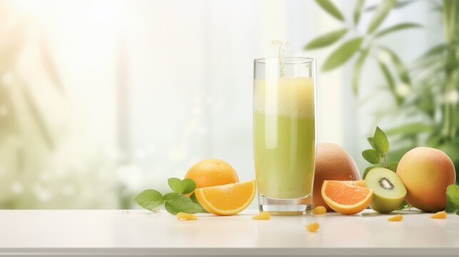Glass of fresh smoothie and ingredients on white table against blurred background.
