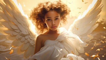 An angelic depiction of a holy girl adorned with ethereal white wings.