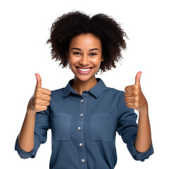 Black american female student smiling and giving thumbs up excellent on PNG transparent background. Study success concept.