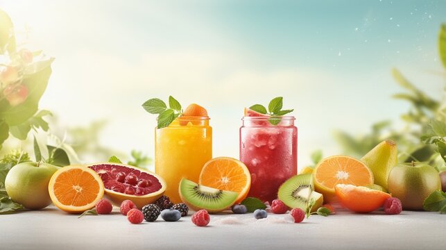 Variety of fruit smoothies in glass jars on the table.