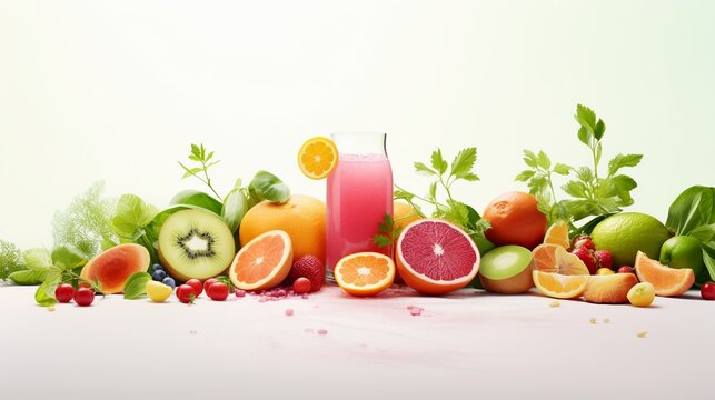 Fresh fruits and smoothie on white background. Healthy food concept.
