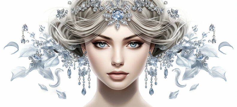 Crown Clipart, beautiful elegant lady with artistic silver jewelry set