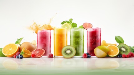 Fruit smoothies in glass with splashes and fruits on white background.