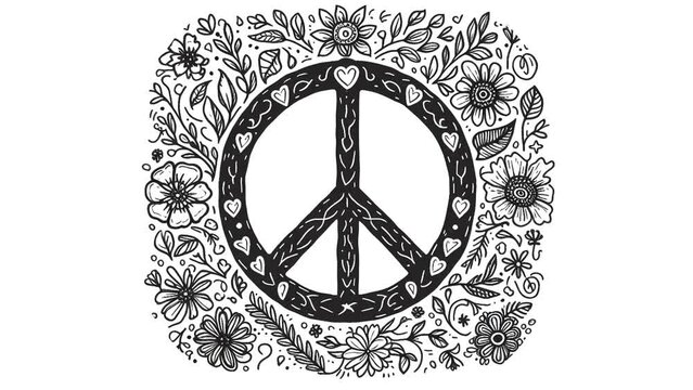 peace symbol animation, whiteboard black and white, jittery doodle drawing. Peace sign, emblem, heart, olive branch, flowers, hippie, pacifist, conceptual, video, graphic, 
