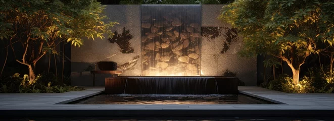 Fotobehang A modern water feature gracing the outdoor space of a home, combining a fountain and waterfall. © Murda